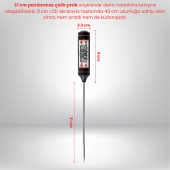 TP101 Dijital Uzun Çubuk Termometre, 31 cm Prob