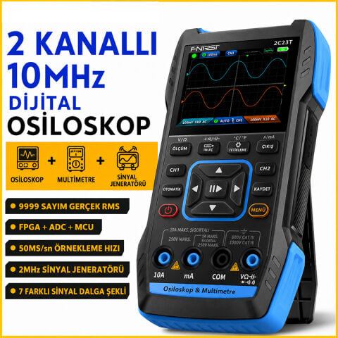 FNIRSI 2C23T 2 Kanal Osiloskop Multimetre Sinyal Jeneratörü 10MHz 50MSa/s 3’ü 1 Arada