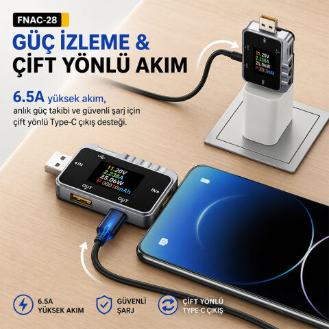 Fnirsi FNAC-28 2'si 1 Arada Tip-C USB Test Cihazı Dijital Voltmetre Ampermetre