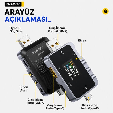 Fnirsi FNAC-28 2'si 1 Arada Tip-C USB Test Cihazı Dijital Voltmetre Ampermetre