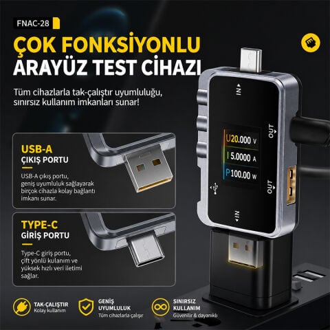 Fnirsi FNAC-28 2'si 1 Arada Tip-C USB Test Cihazı Dijital Voltmetre Ampermetre